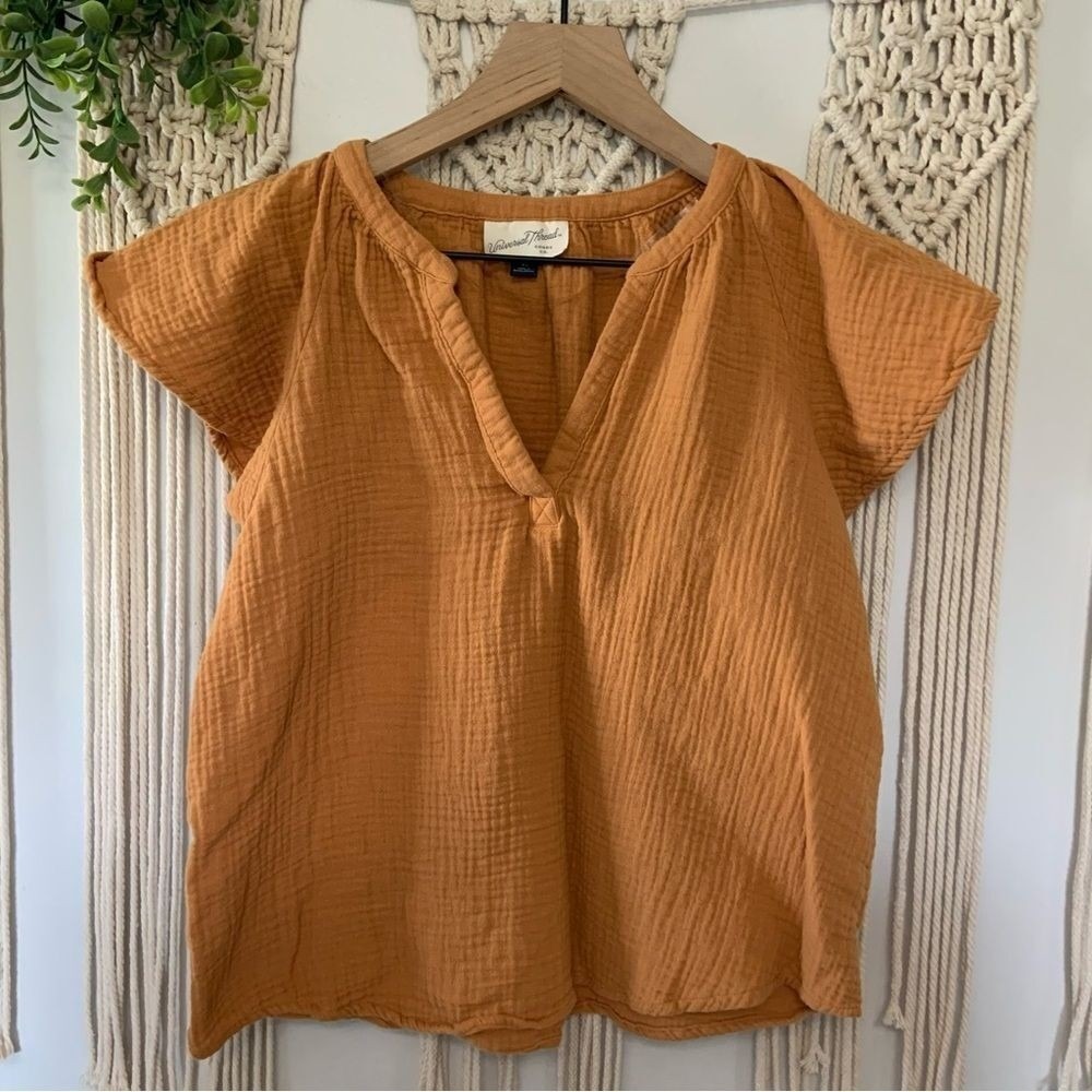 UNIVERSAL THREAD Gauzy Flutter Sleeve 100% Cotton V Neck Top Gold Orange XS